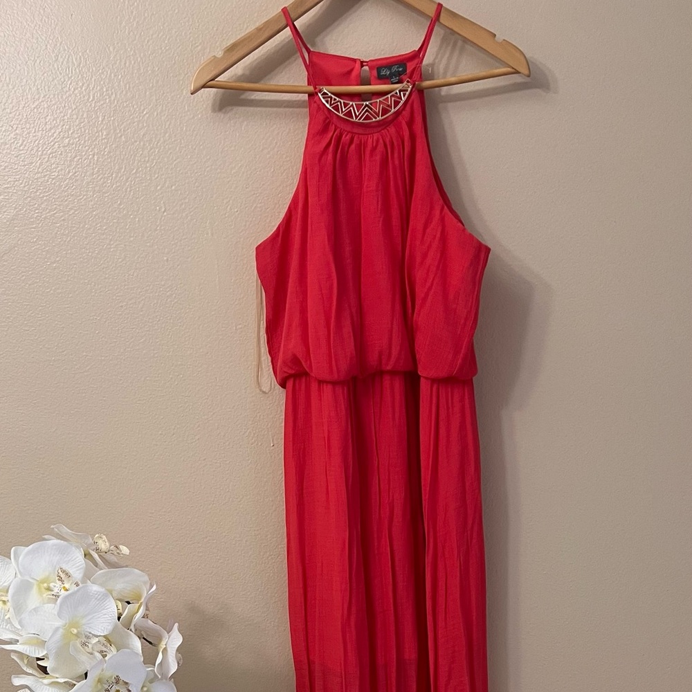 Pink Women's Maxi Dress Sheer Lined Gold Accent Slit Back Size L